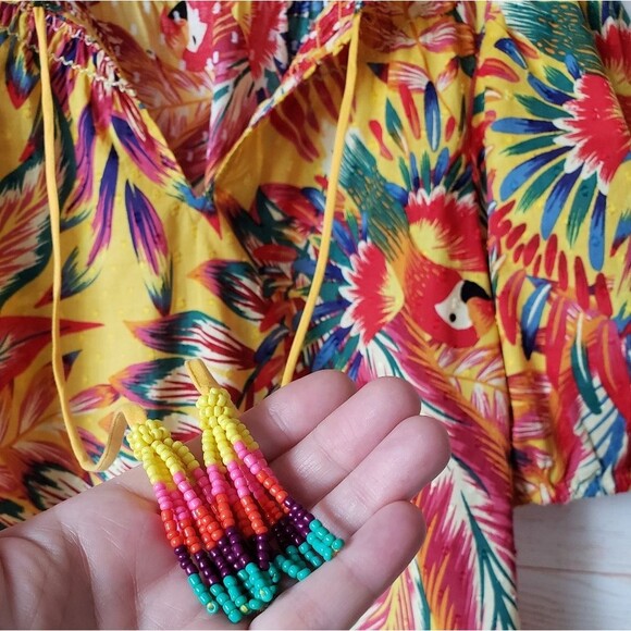 Rachel Zoe Parrot Tropical Cotton Textured Colorful Short Sleeve Blouse Top XS - Picture 2 of 11